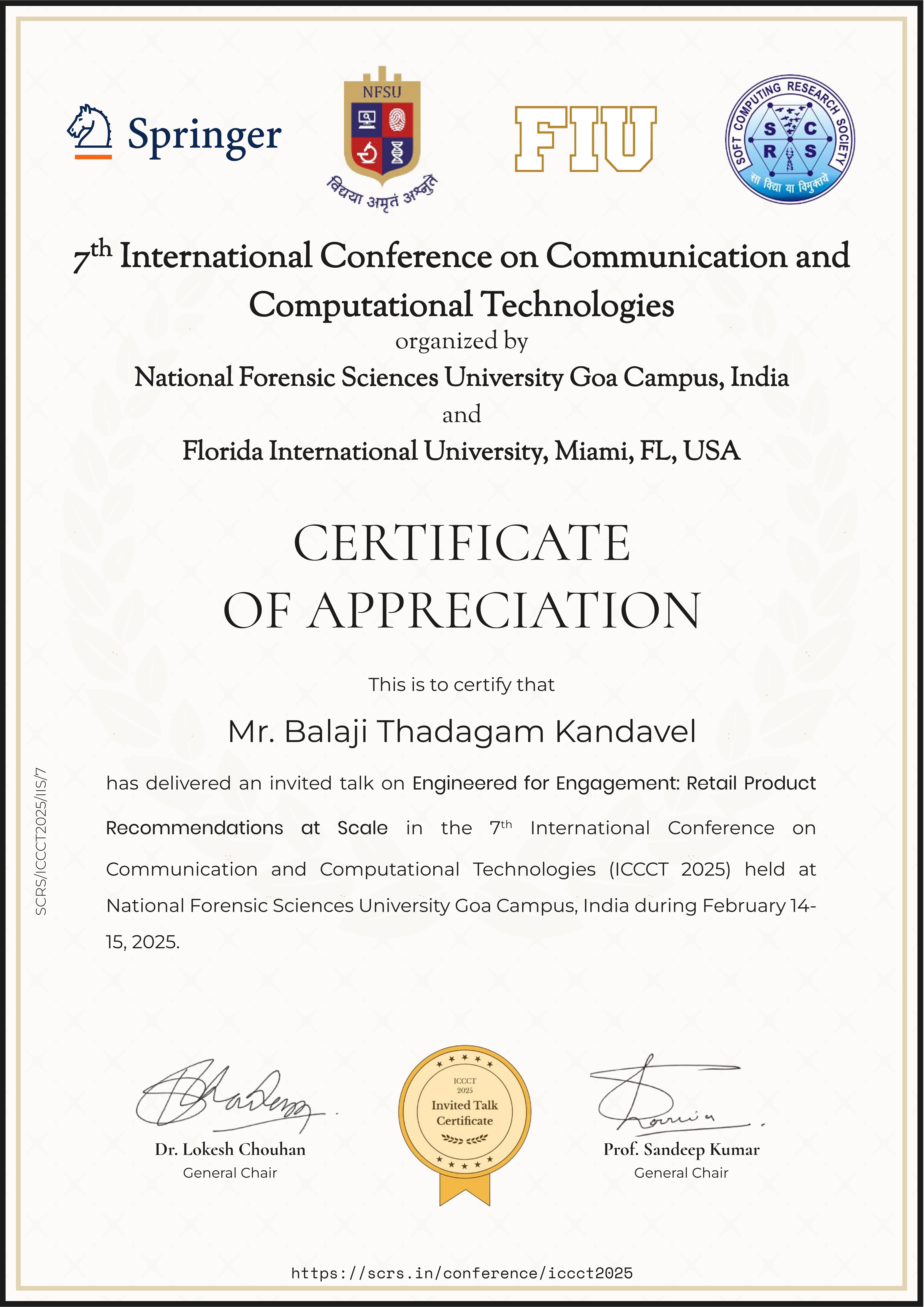 ICCCT Conference Speaker Certificate