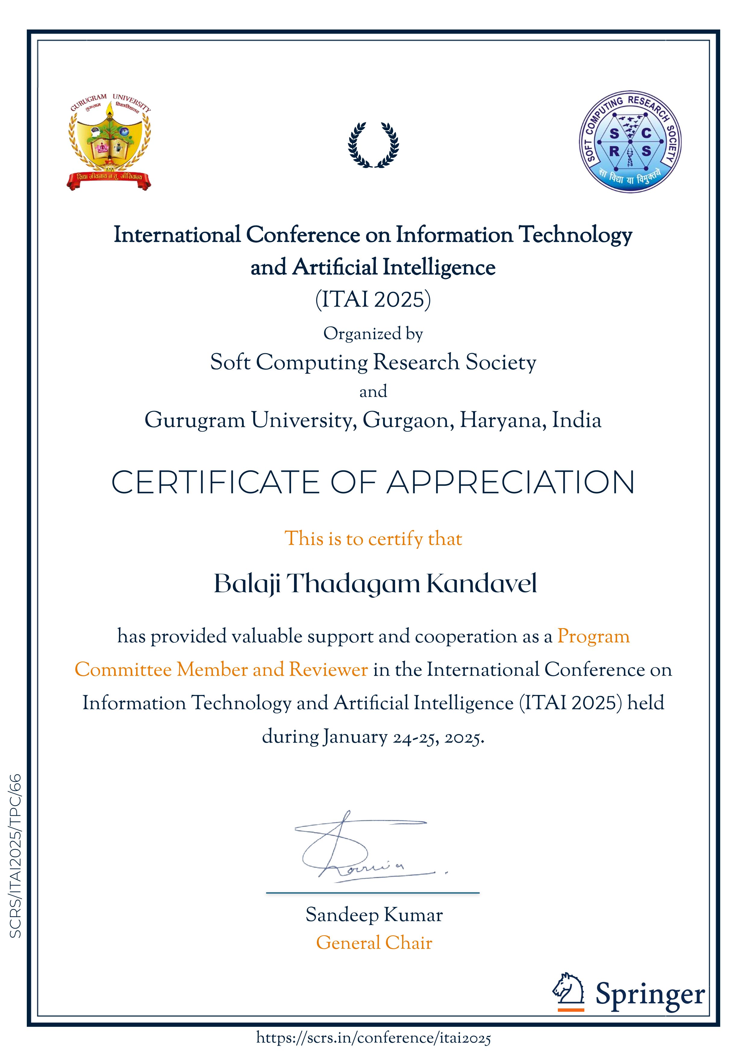 ITAI 2025 Reviewer Certificate